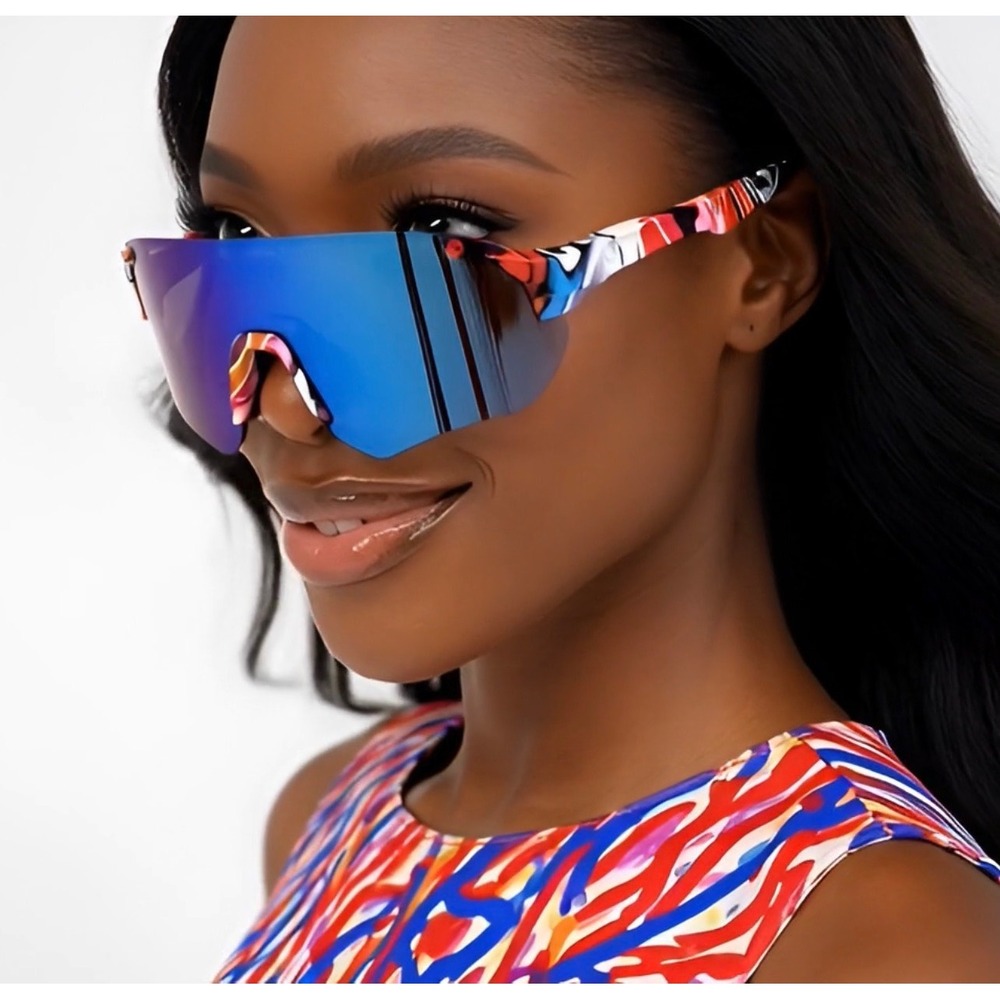Multicolor Graffiti Women Sunglasses Blue Mirrored Lens Sport Performance Shades